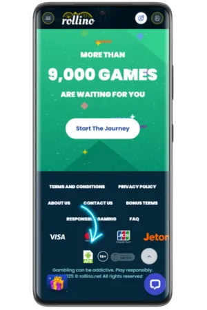 Download Rollino Casino APK button highlighted on smartphone