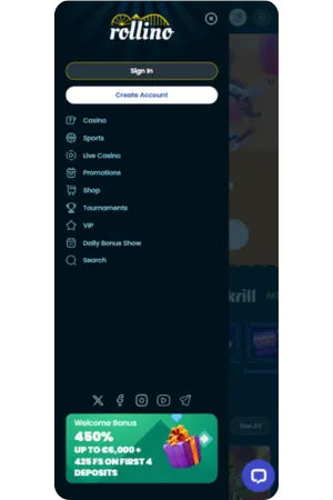 Rollino Casino navigation menu
