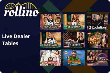 Rollino live dealer tables featuring blackjack, roulette and game shows