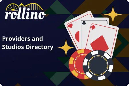 Casino game providers directory with playing cards and poker chips