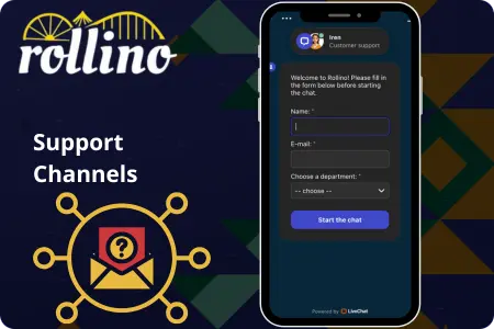 Rollino Casino support channels with live chat interface on mobile