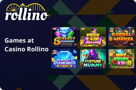 Popular slot thumbnails at Rolllino Casino: diamonds, piggy, barrel, mummy and fruit themes