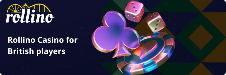 Shiny dice, poker chips and club card for Rolllino Casino UK players
